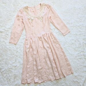 80s Vintage Pink Satin Floral Lace Collar Princess Dress Size 5-6